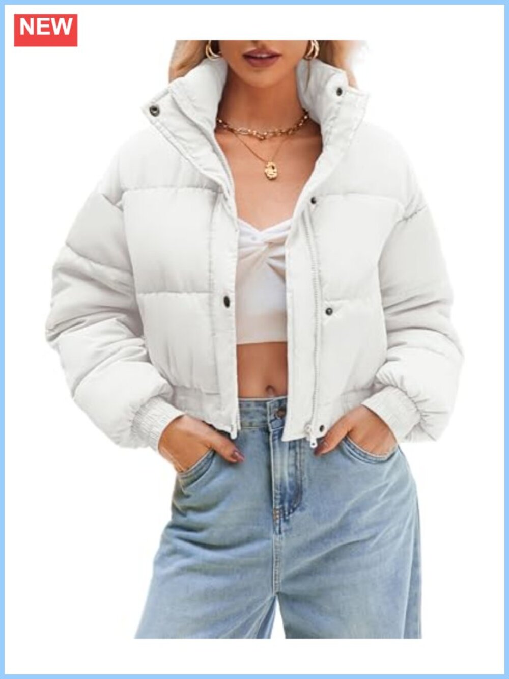 Women's Cropped Quilted Puffer Jacket, Lightweight Winter Coat with Stand Collar